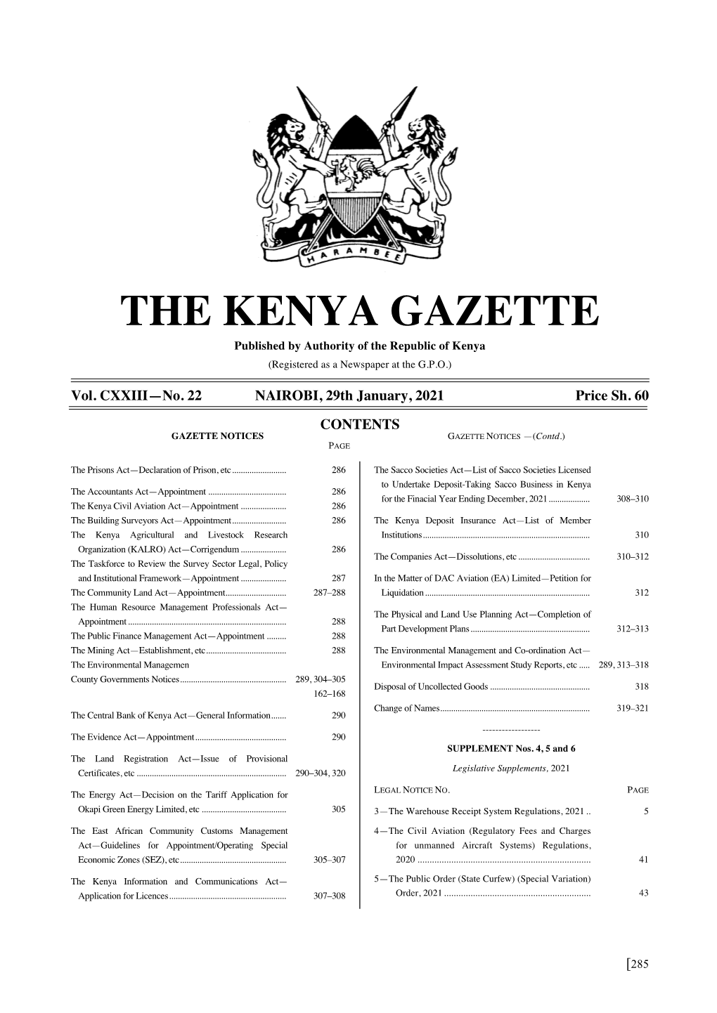 THE KENYA GAZETTE Published by Authority of the Republic of Kenya (Registered As a Newspaper at the G.P.O.)