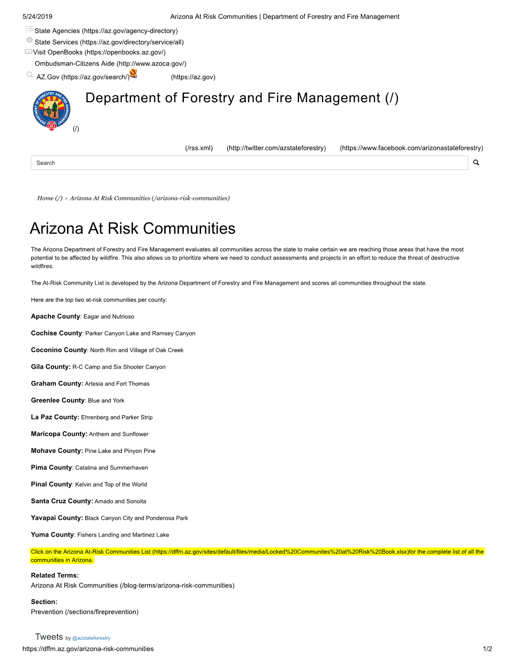 Arizona at Risk Communities | Department of Forestry and Fire Management