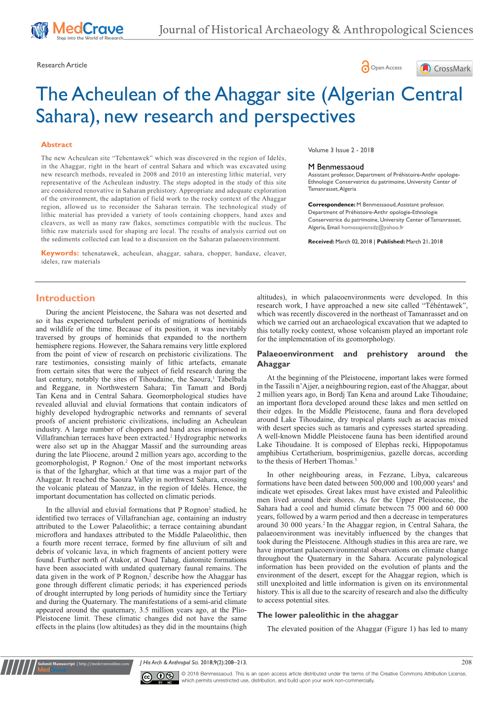 The Acheulean of the Ahaggar Site (Algerian Central Sahara), New Research and Perspectives