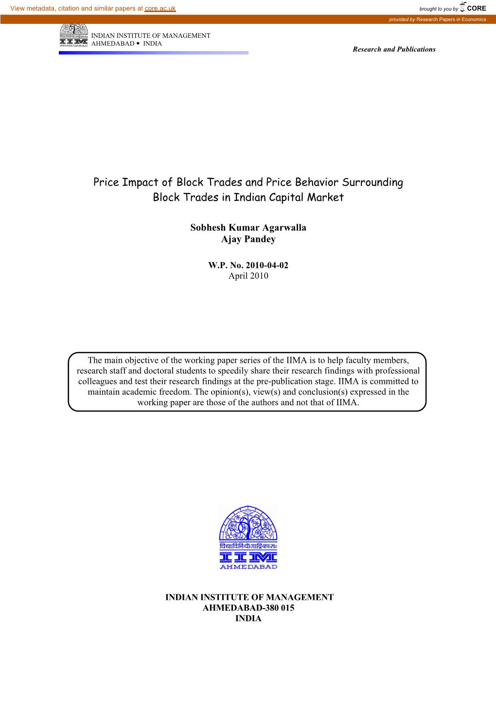 Price Impact of Block Trades and Price Behavior Surrounding Block Trades in Indian Capital Market