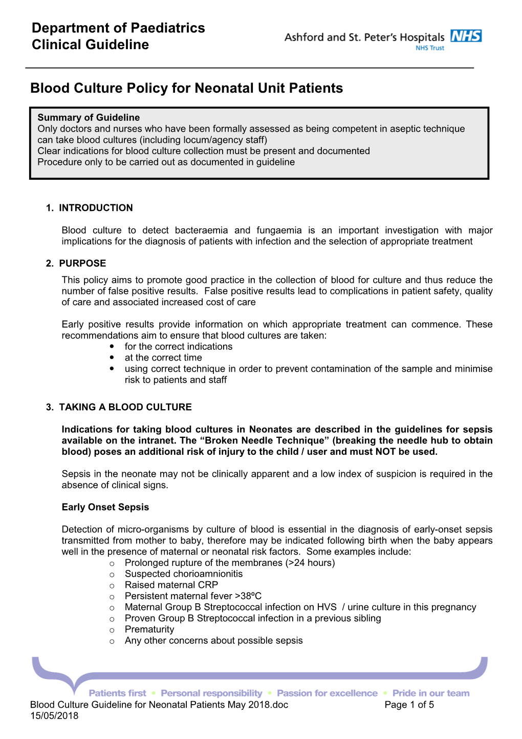 Blood Culture Guideline for Neonatal Patients May 2018.Doc Page 1 of 5 15/05/2018