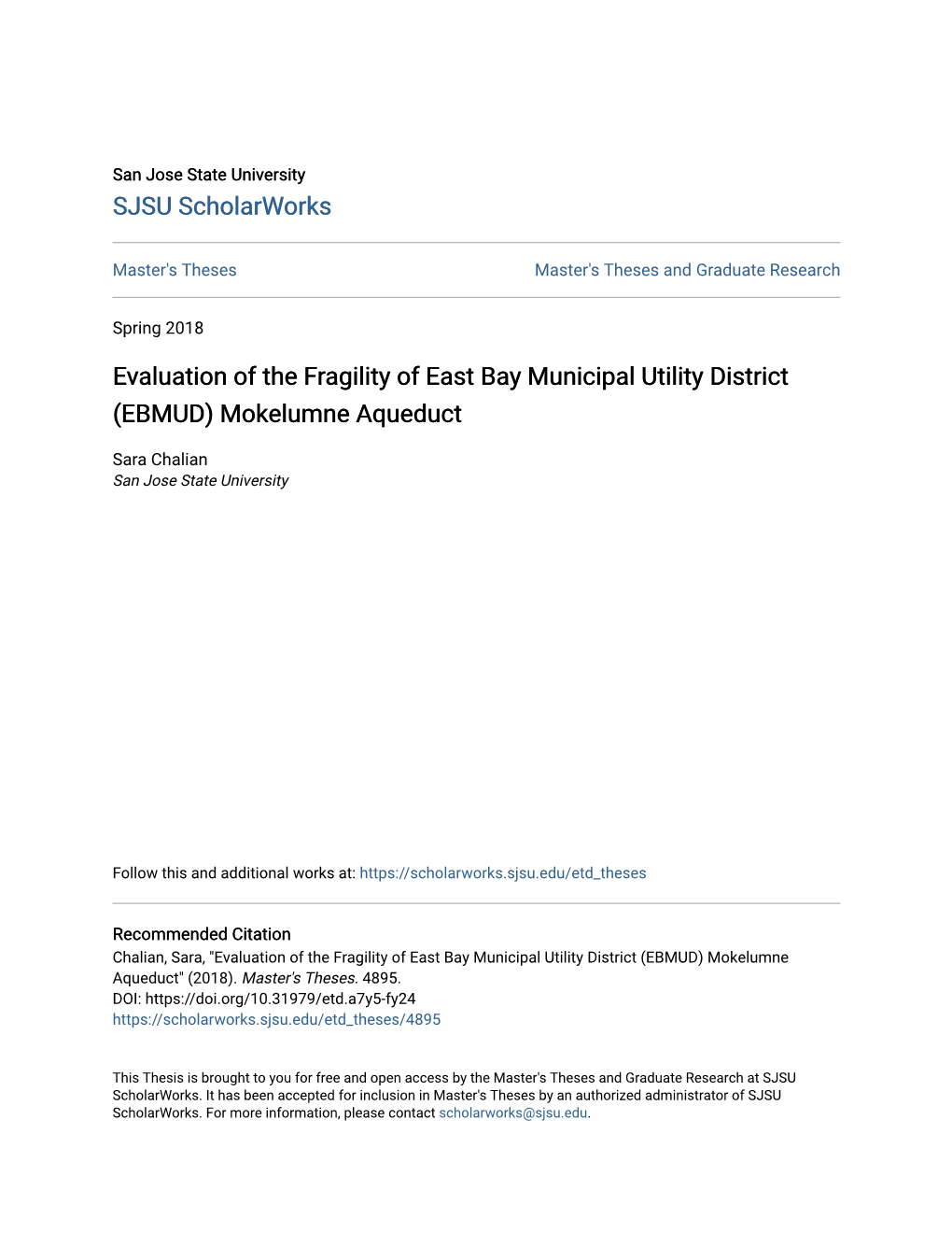 Evaluation of the Fragility of East Bay Municipal Utility District (EBMUD) Mokelumne Aqueduct