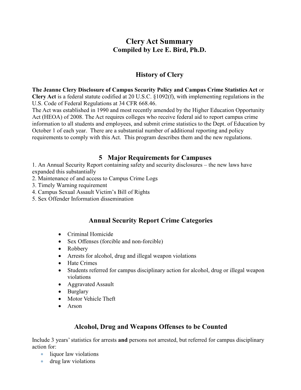 Clery Act Summary Compiled by Lee E