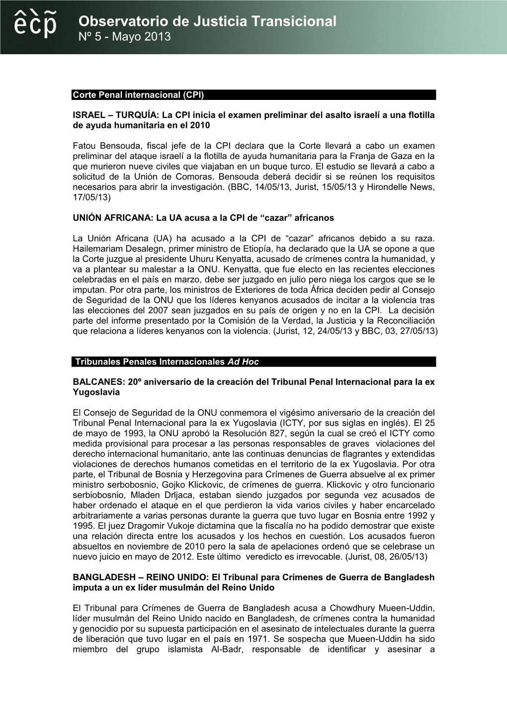 Observatorio De Justicia Transicional Nº 5 - Mayo 2013