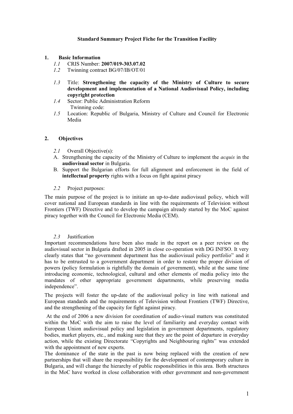 Standard Summary Project Fiche for the Transition Facility