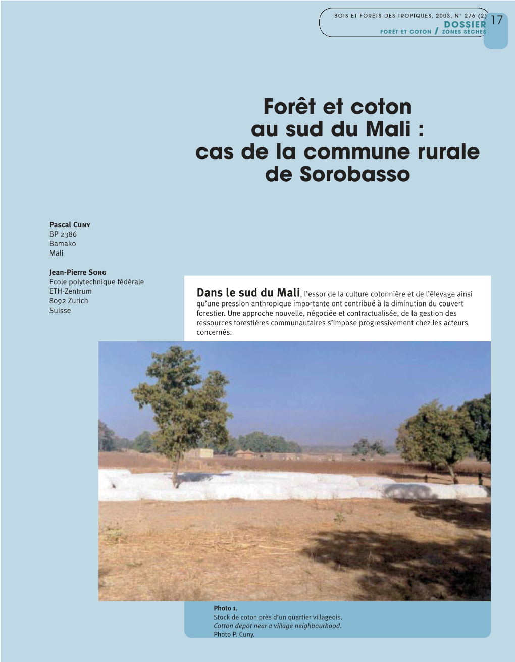 Forêt Et Coton Au Sud Du Mali : Cas De La Commune Rurale De Sorobasso