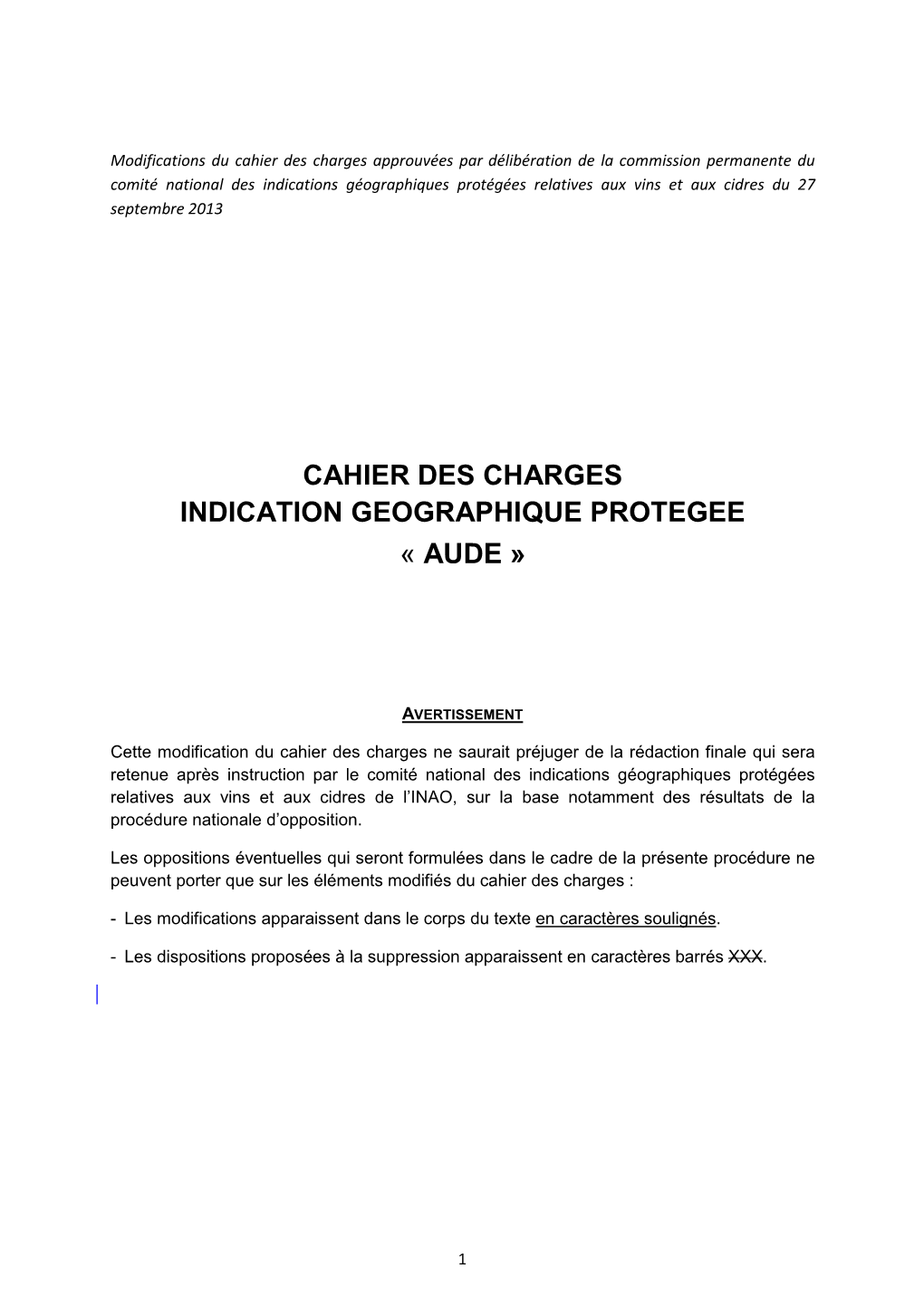 Cahier Des Charges Indication Geographique Protegee « Aude »