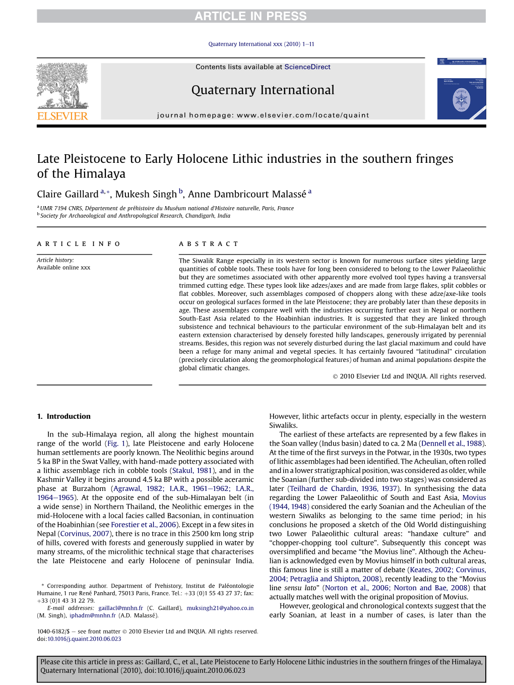 Late Pleistocene to Early Holocene Lithic Industries in the Southern Fringes of the Himalaya