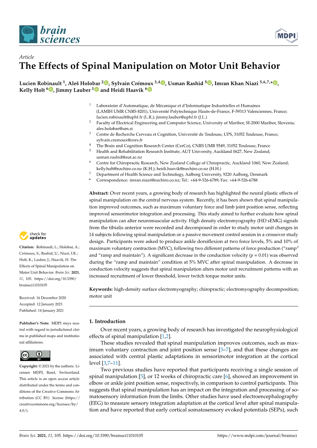 The Effects of Spinal Manipulation on Motor Unit Behavior