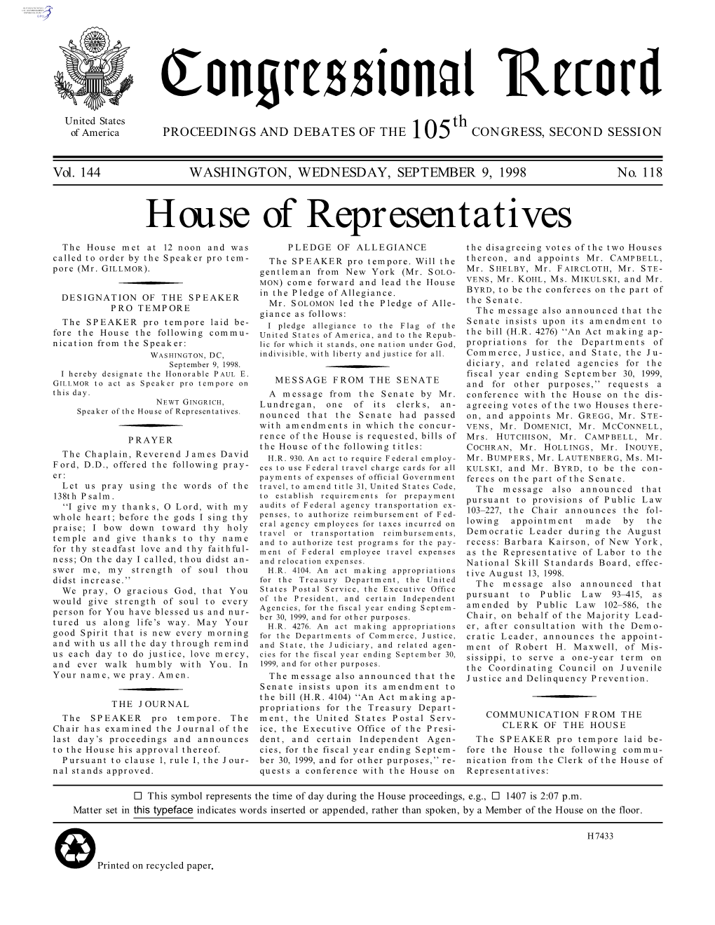 Congressional Record United States Th of America PROCEEDINGS and DEBATES of the 105 CONGRESS, SECOND SESSION