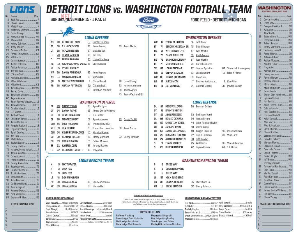 DETROIT LIONS Vs. WASHINGTON FOOTBALL TEAM No