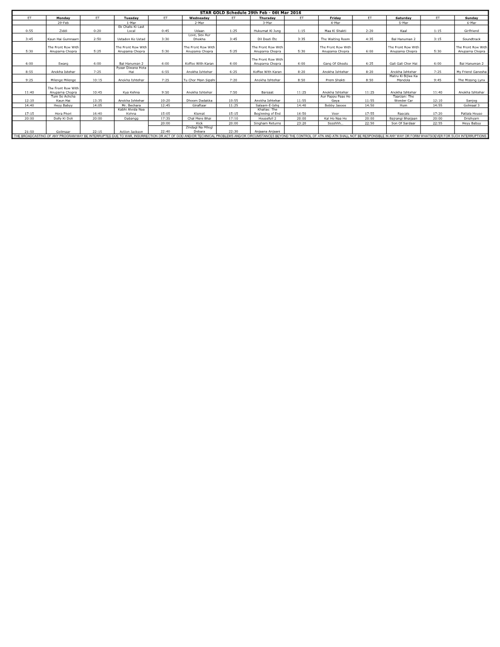 STAR GOLD Schedule 29Th