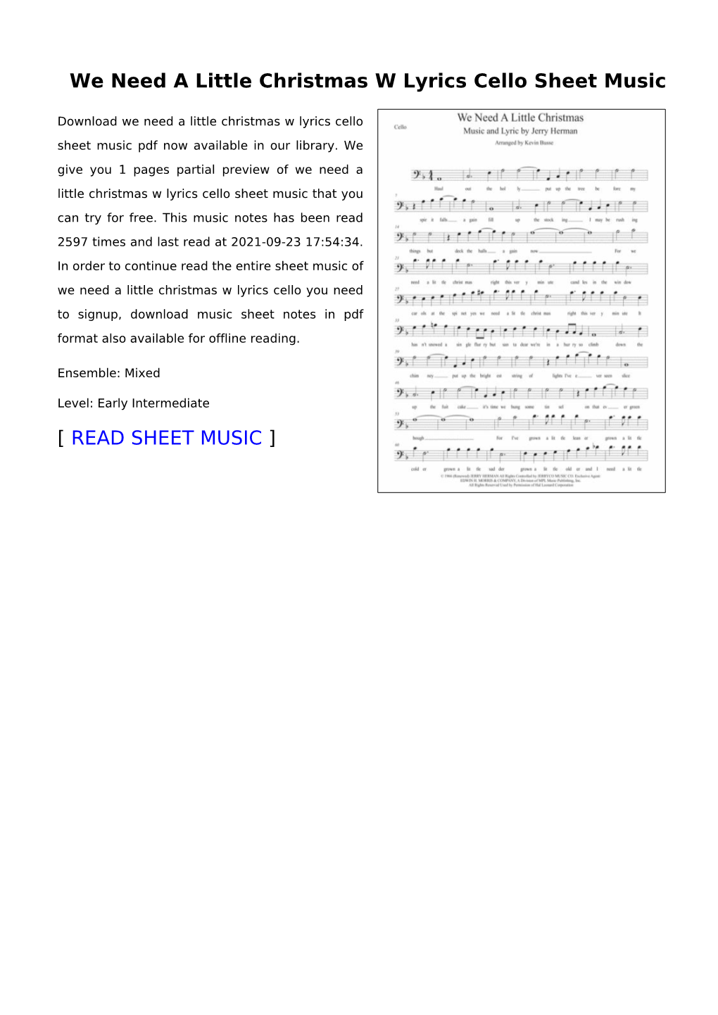 We Need a Little Christmas W Lyrics Cello Sheet Music