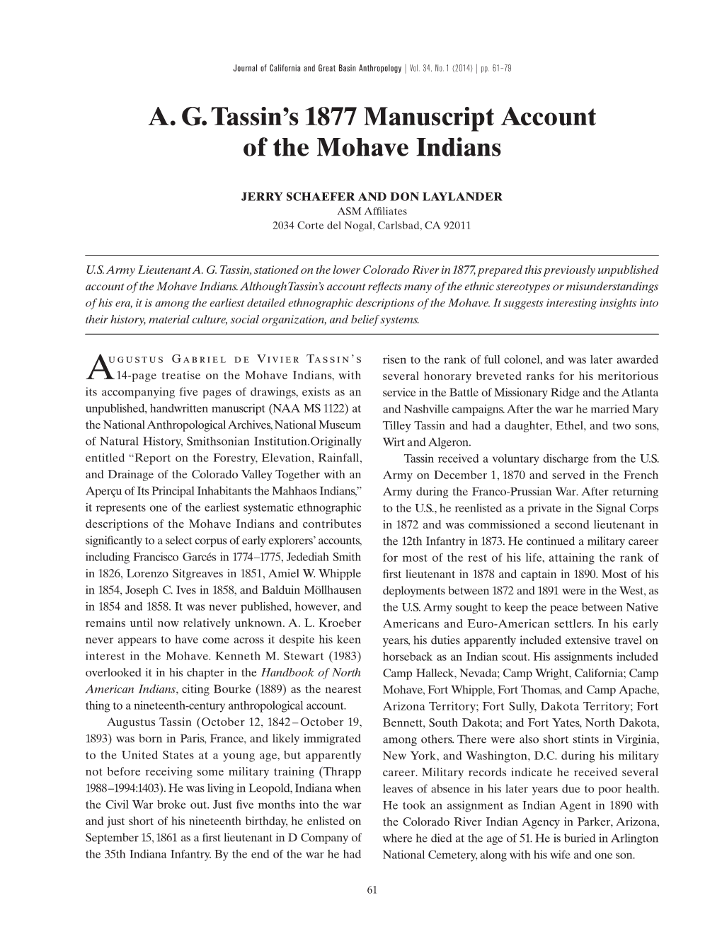 A. G. Tassin's 1877 Manuscript Account of the Mohave Indians