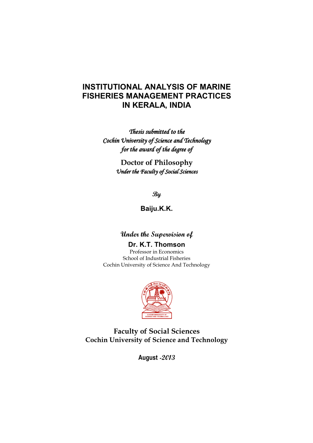 Institutional Analysis of Marine Fisheries Management Practices in Kerala, India