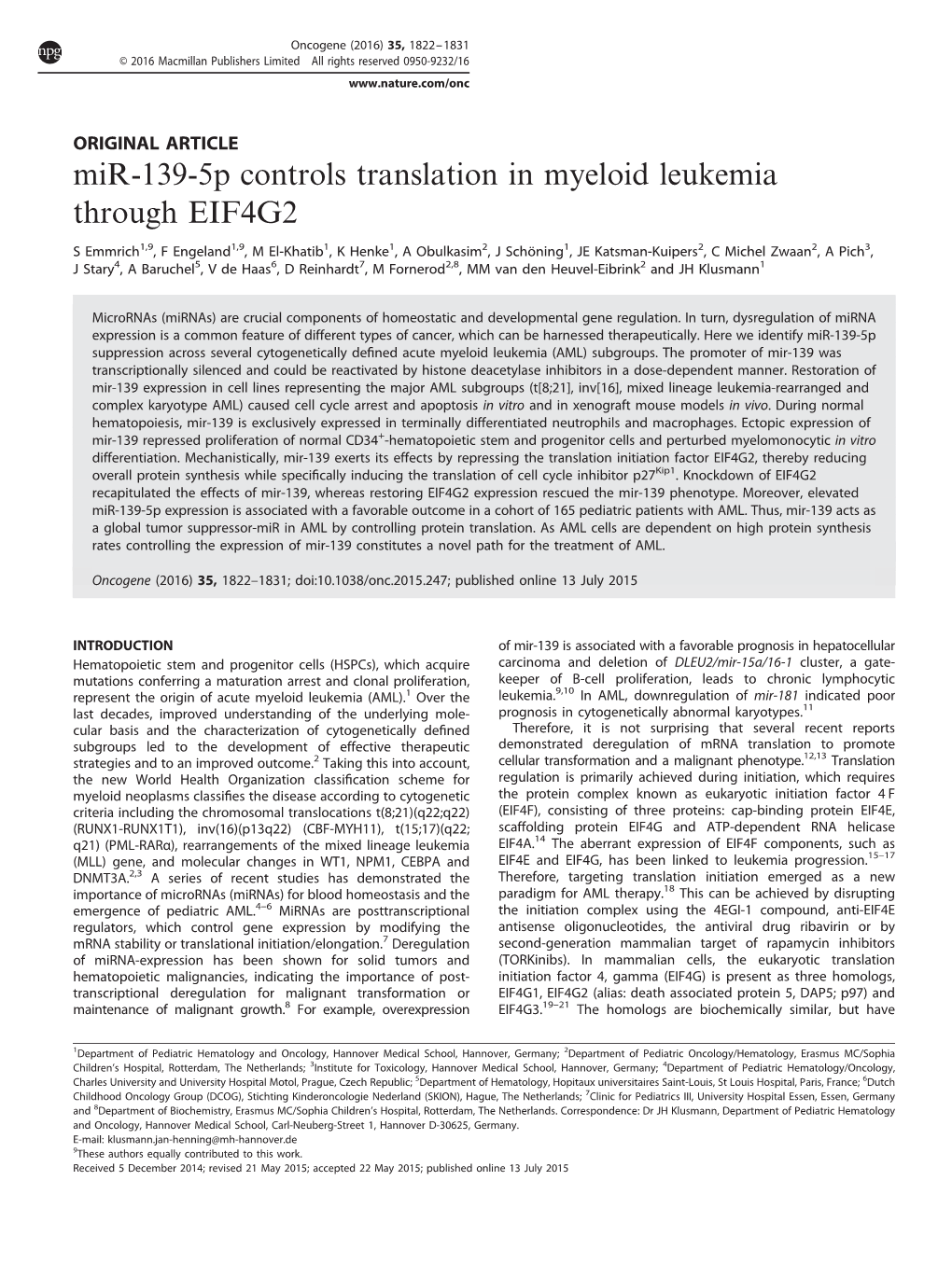 Mir-139-5P Controls Translation in Myeloid Leukemia Through EIF4G2