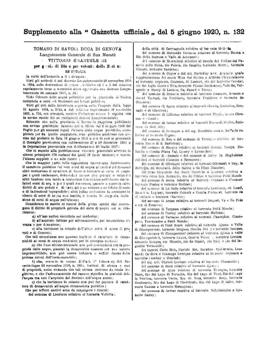 Gazzetta Ufficiale Del Regno D'italia N. 132 Del 5 Giugno 1920