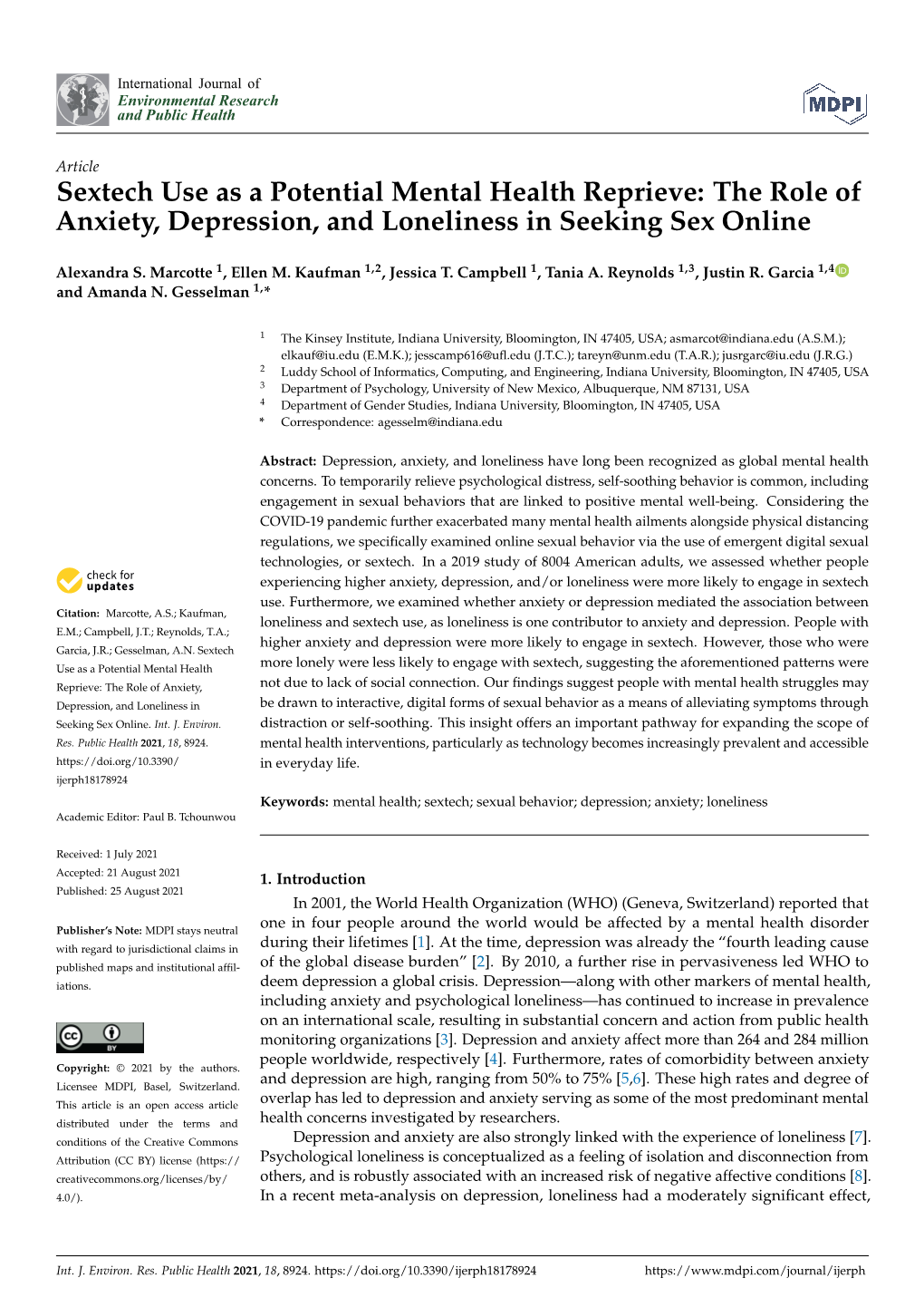 Sextech Use As a Potential Mental Health Reprieve: the Role of Anxiety, Depression, and Loneliness in Seeking Sex Online