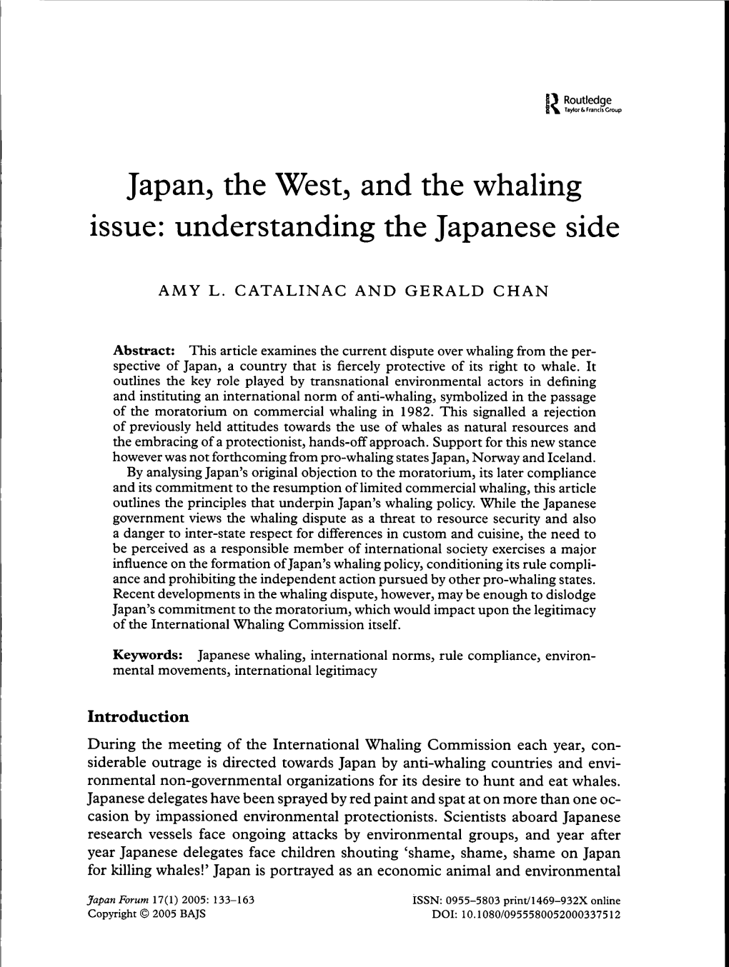 Japan, the West, and the Whaling Issue: Understanding the Japanese Side