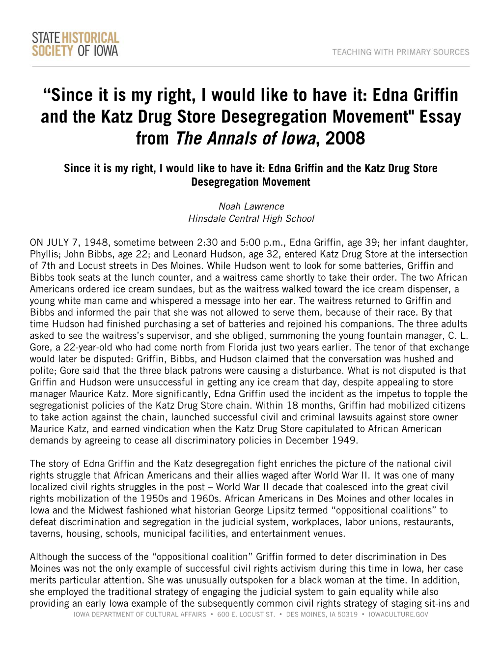 Edna Griffin and the Katz Drug Store Desegregation Movement" Essay from the Annals of Iowa, 2008