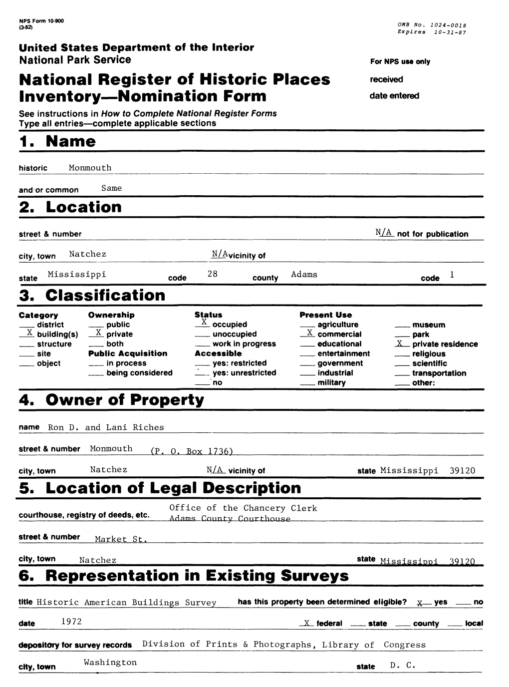 National Register of Historic Places Inventory — Nomination Form Monmouth, Natchez, Adams Co