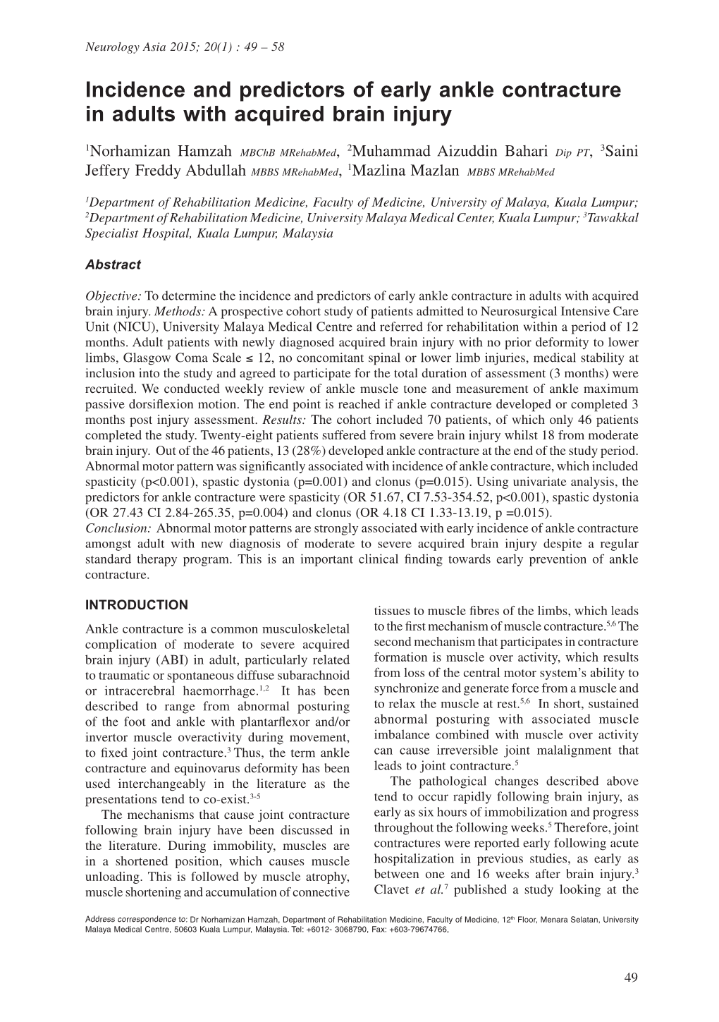 Incidence and Predictors of Early Ankle Contracture in Adults with Acquired Brain Injury