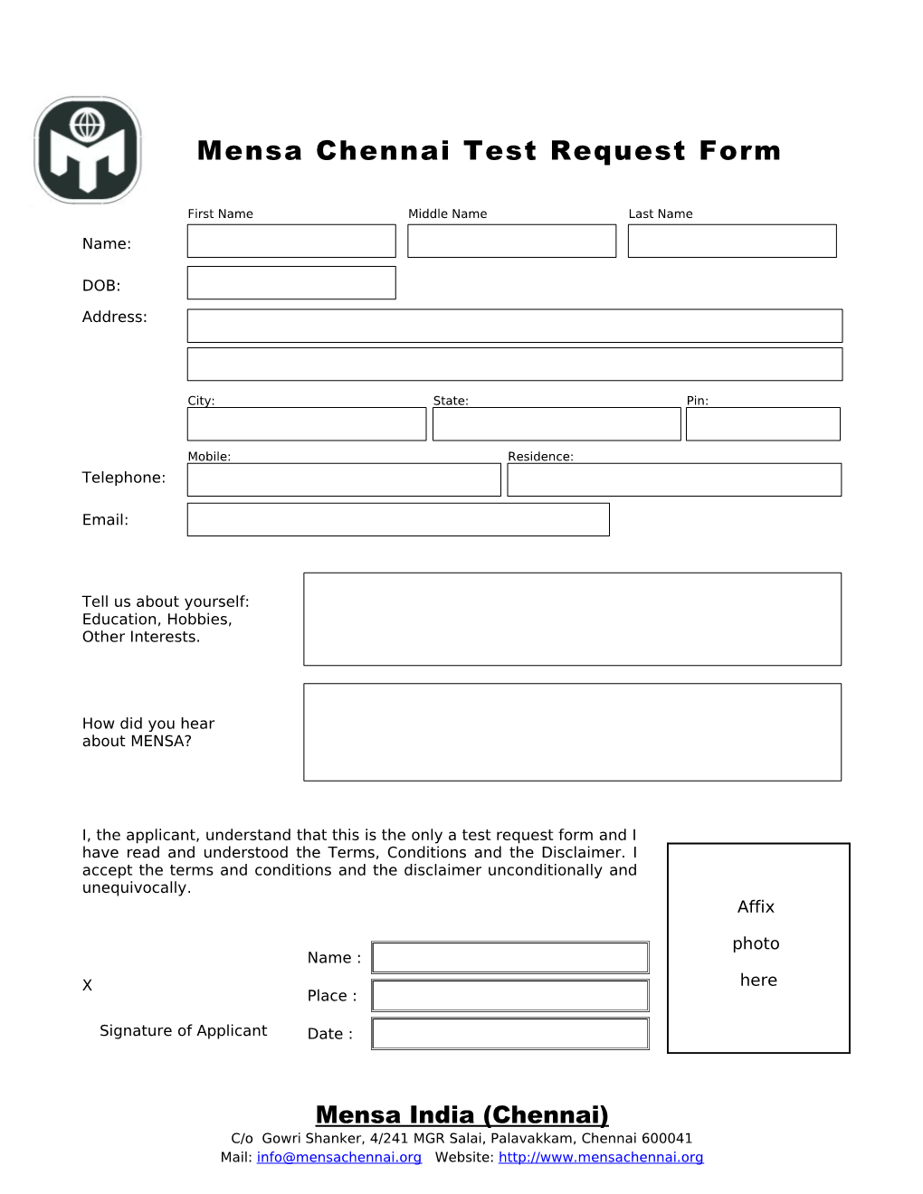 Mensa Chennai Test Request Form