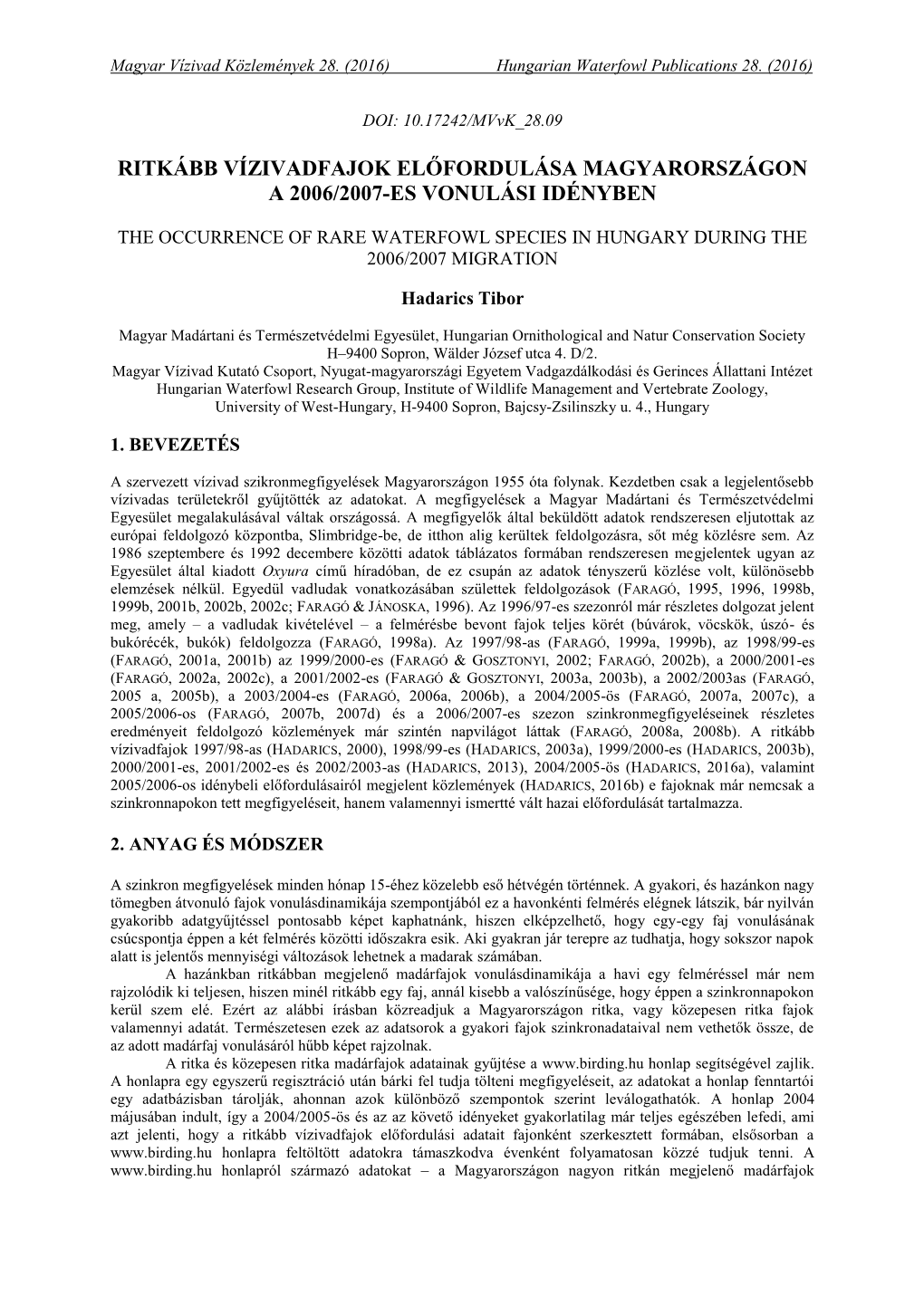 Ritkább Vízivadfajok Előfordulása Magyarországon a 2006/2007-Es Vonulási Idényben