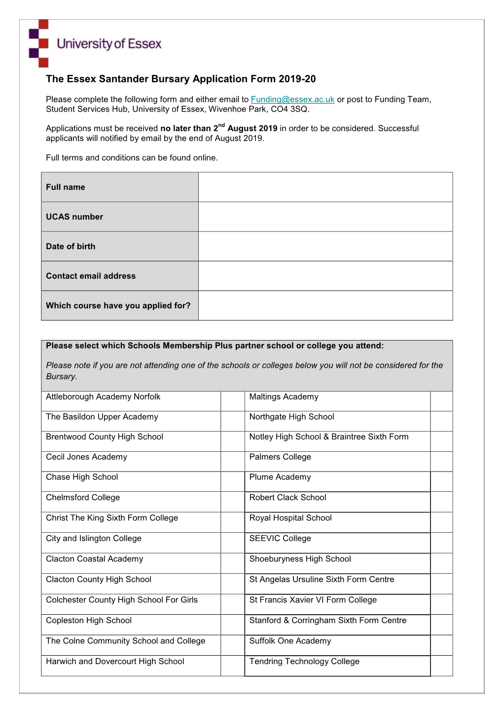 The Essex Santander Bursary Application Form 2019-20