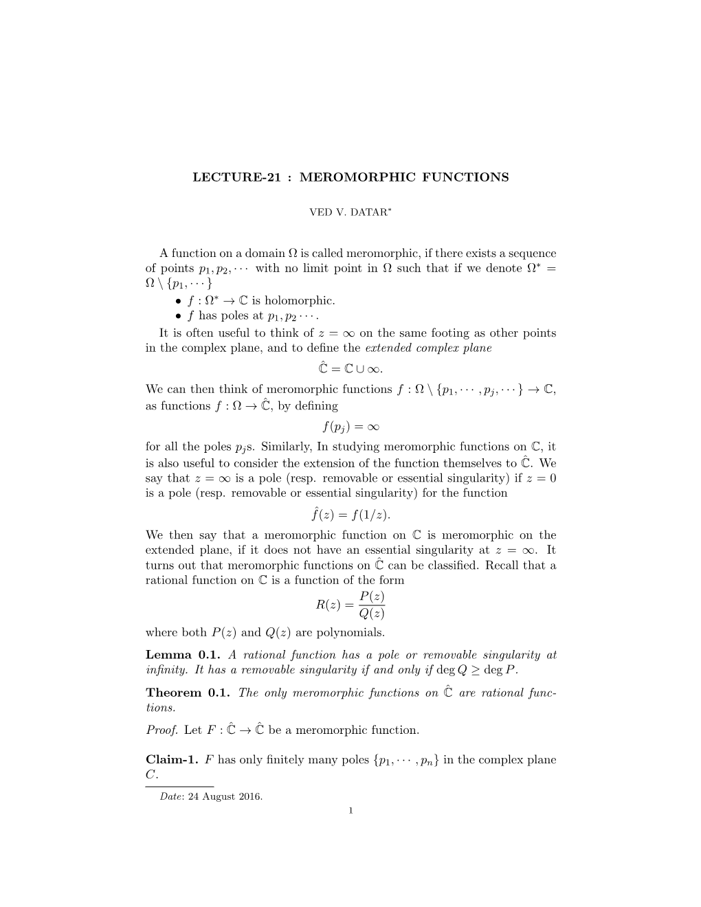 Lecture-21 : Meromorphic Functions