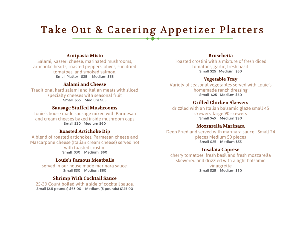 Take out & Catering Appetizer Platters