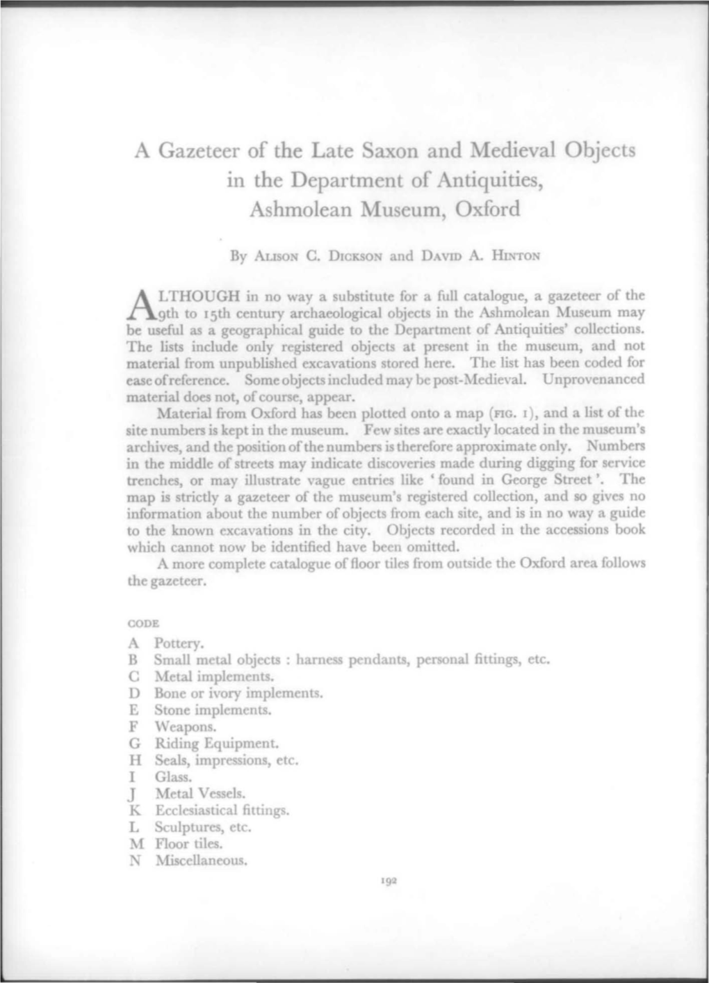 A Gazeteer of the Late Saxon and Medieval Objects in the Department of Antiquities, Ashmolean Museum, Oxford