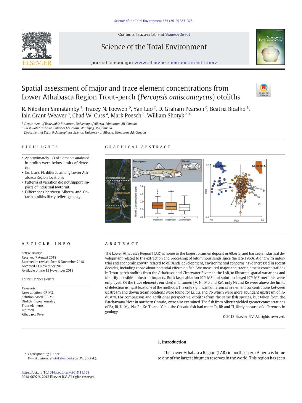 Spatial Assessment of Major and Trace Element Concentrations from Lower Athabasca Region Trout-Perch (Percopsis Omiscomaycus) Otoliths