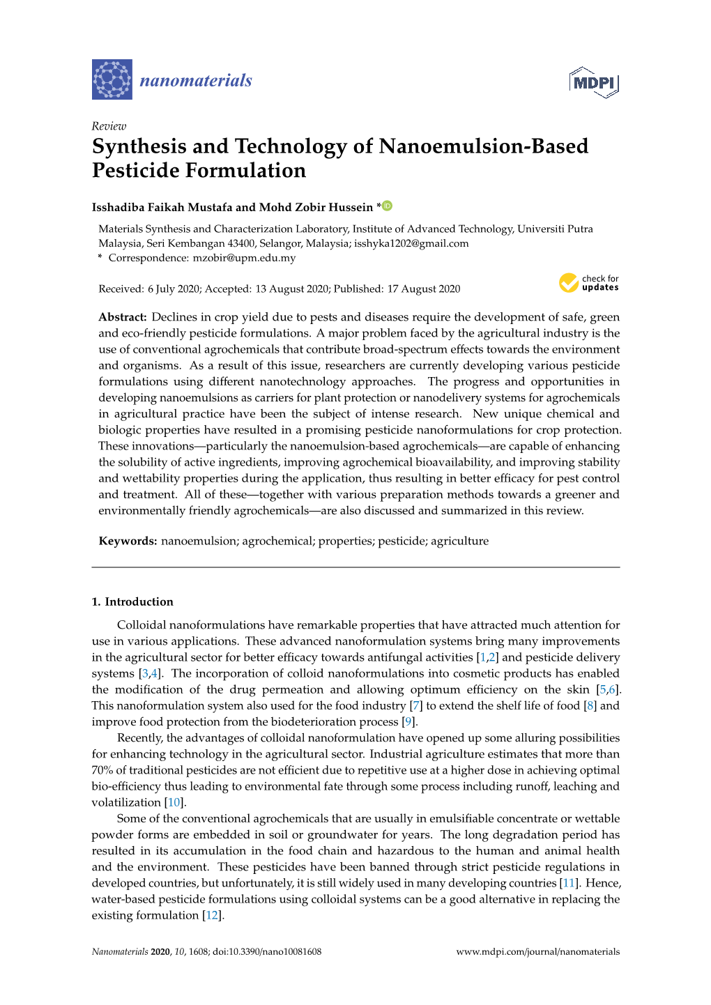 Synthesis and Technology of Nanoemulsion-Based Pesticide Formulation