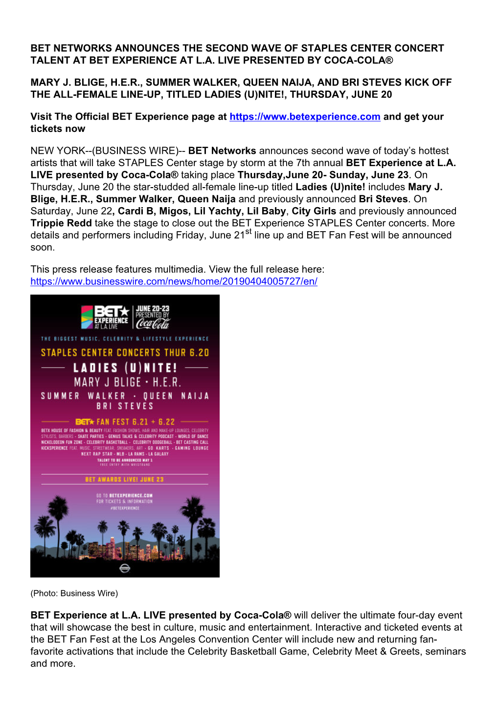 Bet Networks Announces the Second Wave of Staples Center Concert Talent at Bet Experience at L.A