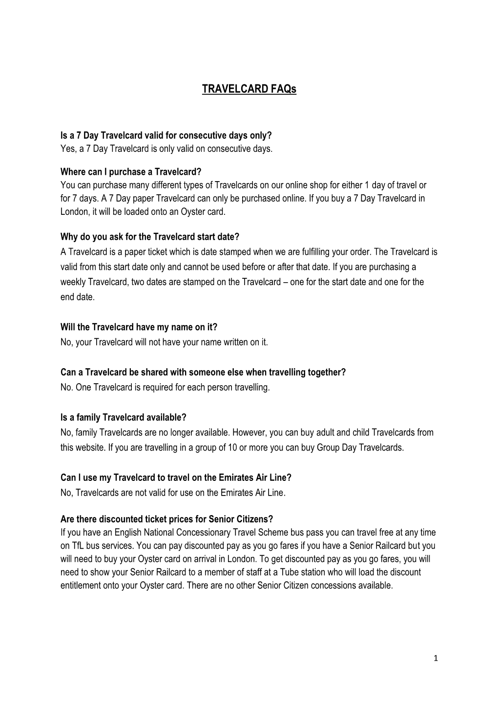 TRAVELCARD Faqs