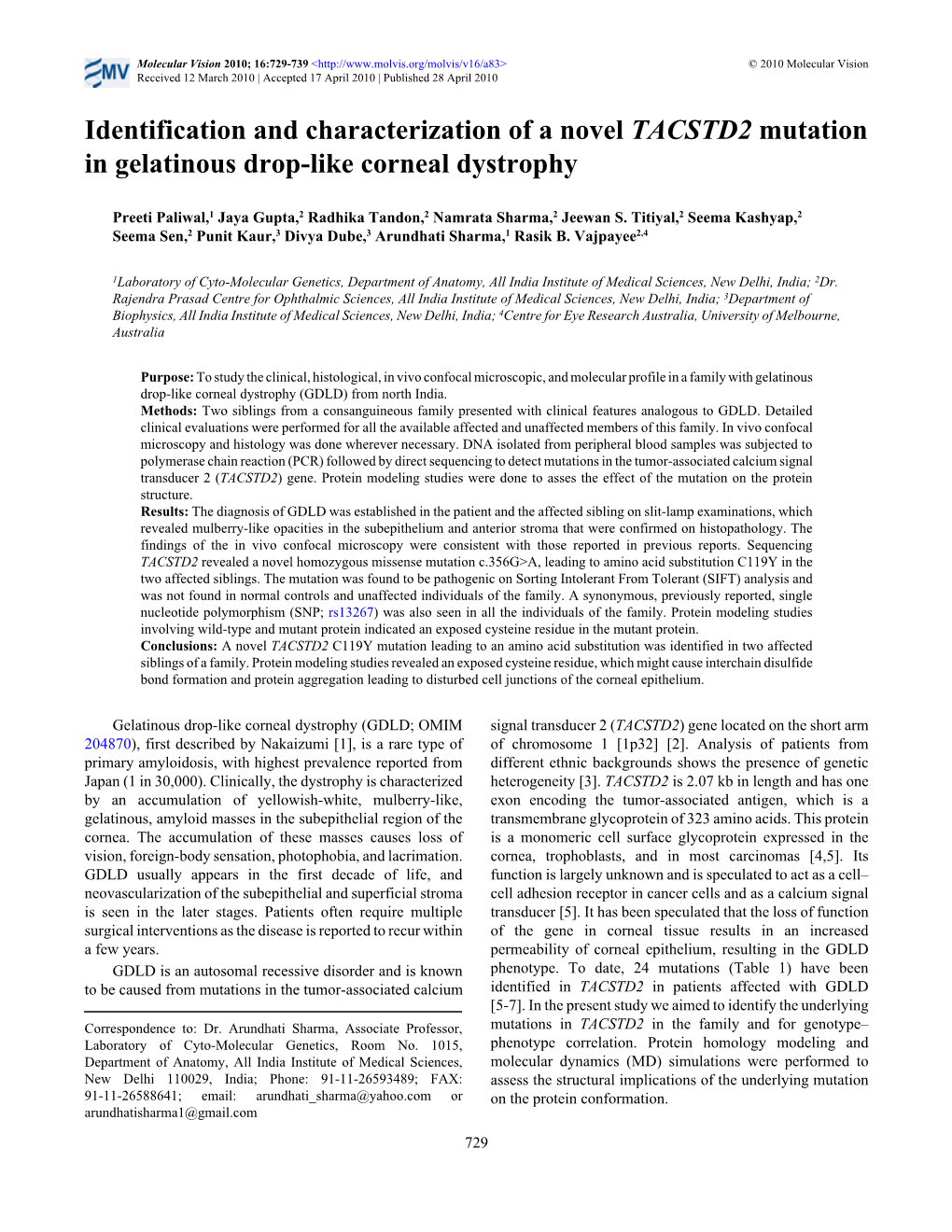 Identification and Characterization of a Novel TACSTD2 Mutation in Gelatinous Drop-Like Corneal Dystrophy