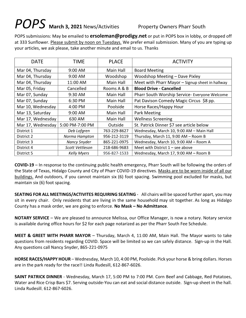 POPS March 3, 2021 News/Activities Property Owners Pharr South DATE TIME PLACE ACTIVITY