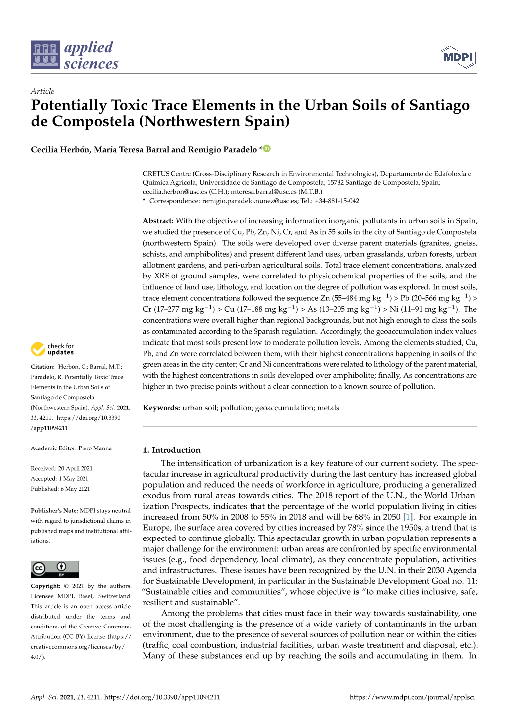 Potentially Toxic Trace Elements in the Urban Soils of Santiago De Compostela (Northwestern Spain)