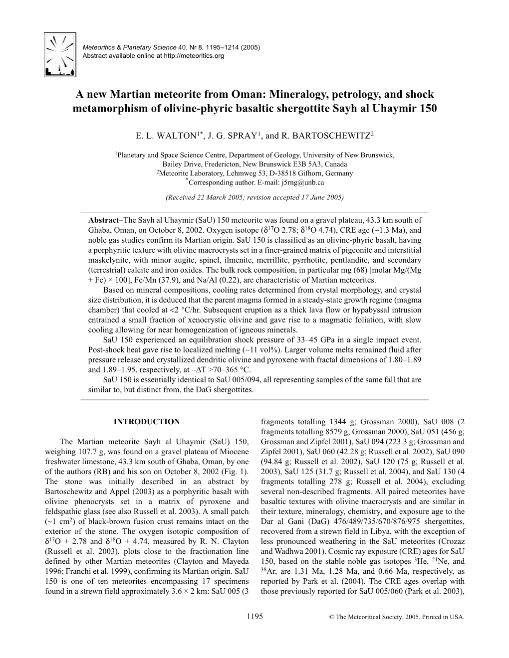 A New Martian Meteorite from Oman: Mineralogy, Petrology, and Shock Metamorphism of Olivine-Phyric Basaltic Shergottite Sayh Al Uhaymir 150