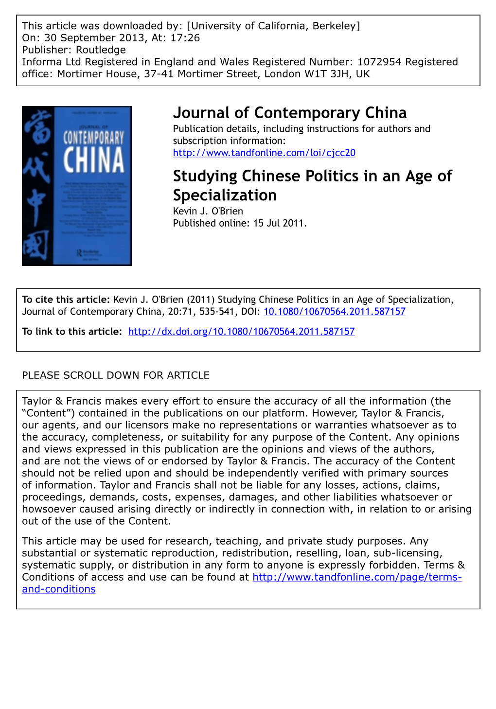 Journal of Contemporary China Studying Chinese Politics in an Age