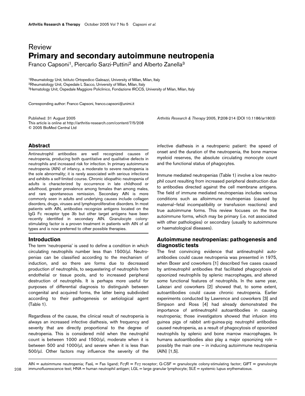 Primary and Secondary Autoimmune Neutropenia Franco Capsoni1, Piercarlo Sarzi-Puttini2 and Alberto Zanella3