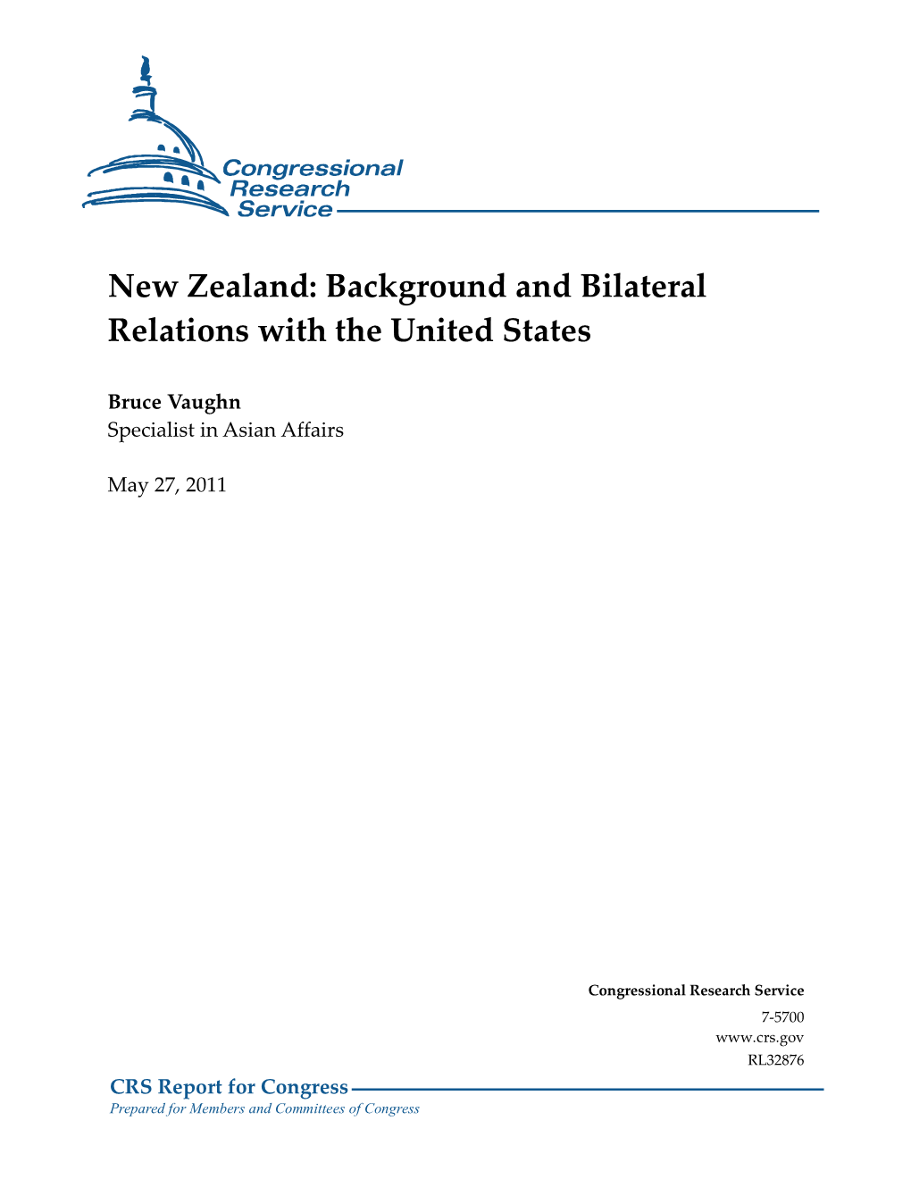 New Zealand: Background and Bilateral Relations with the United States