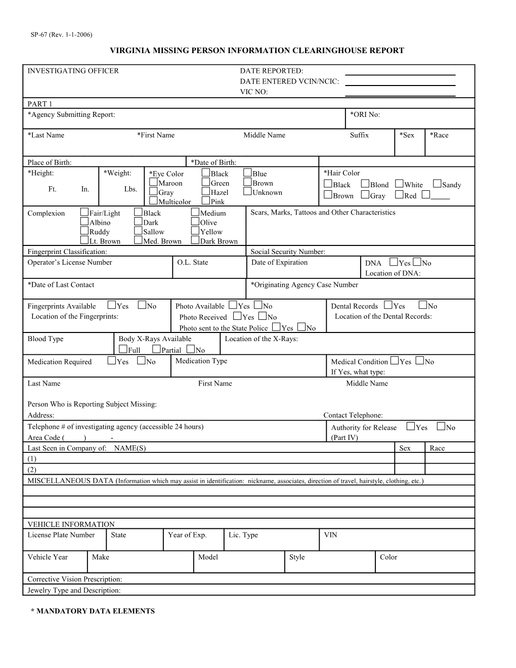 Virginia Missing Person Information Clearinghouse Report