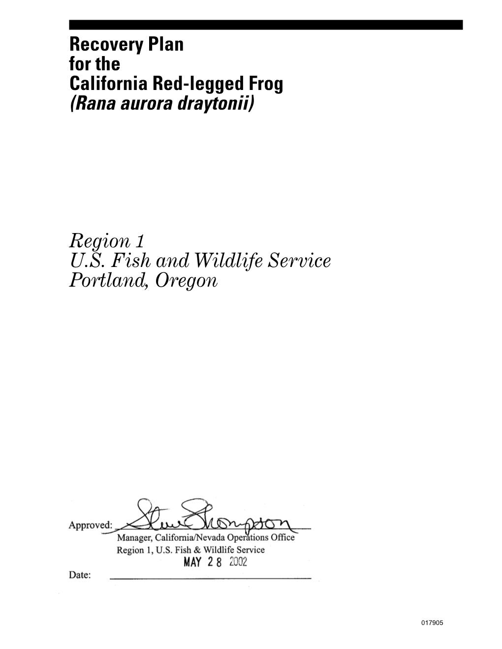 California Red-Legged Frog Recovery Plan 92 Recovery Plan for the California Red-Legged Frog 018003