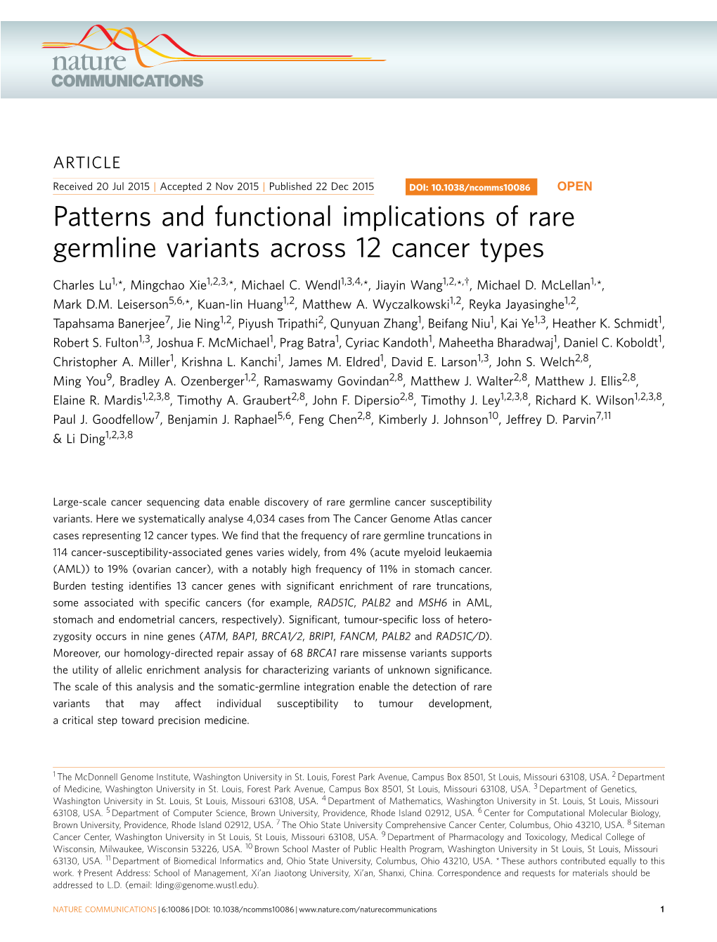 Patterns and Functional Implications of Rare Germline Variants Across 12 Cancer Types