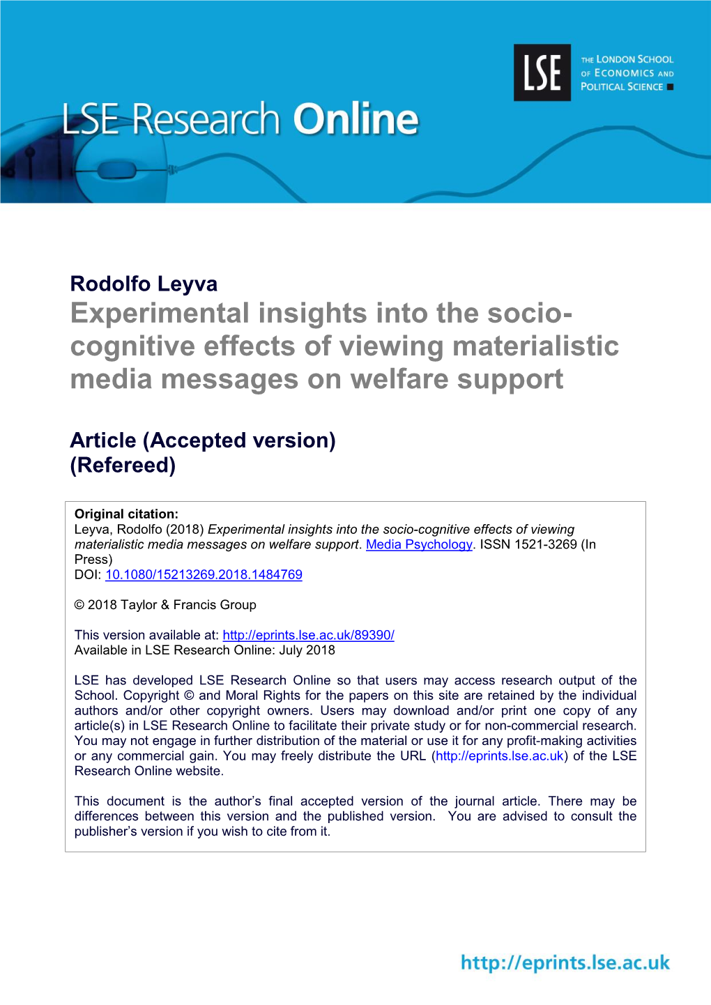 Experimental Insights Into the Socio- Cognitive Effects of Viewing Materialistic Media Messages on Welfare Support