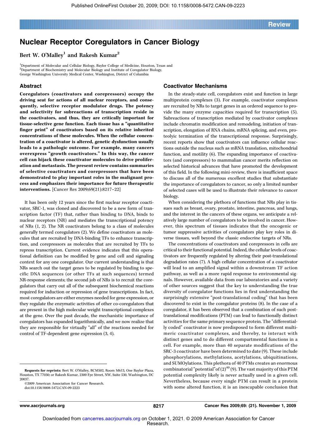 Nuclear Receptor Coregulators in Cancer Biology Bert W