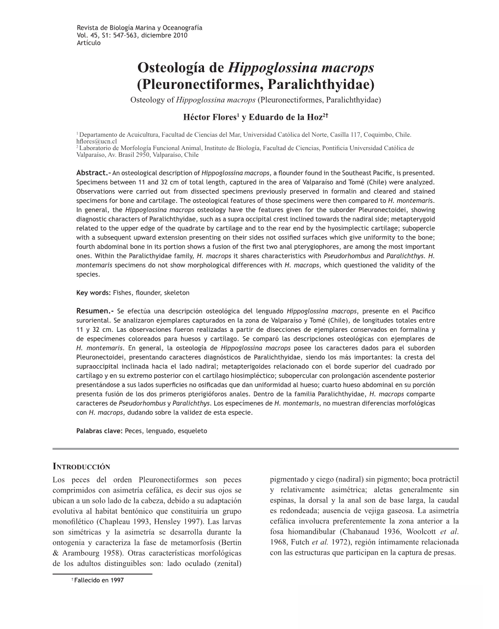 Osteología De Hippoglossina Macrops (Pleuronectiformes, Paralichthyidae)