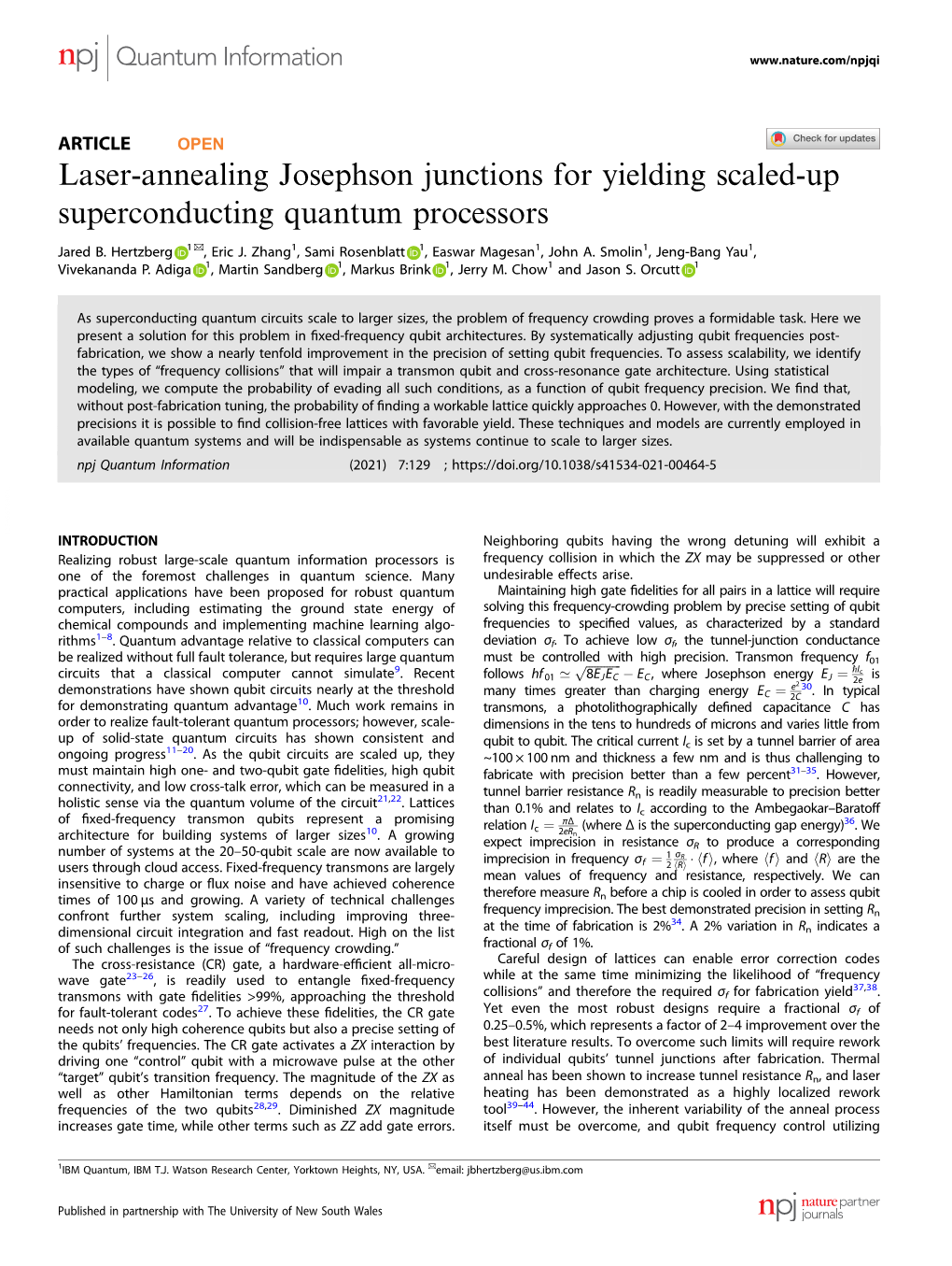 Laser-Annealing Josephson Junctions for Yielding Scaled-Up Superconducting Quantum Processors ✉ Jared B